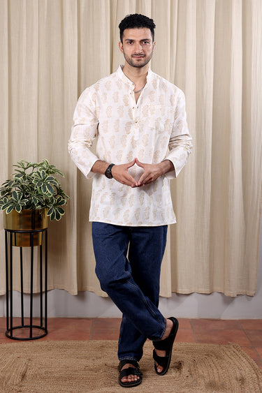 Off White Sanganeri Cotton Linen Men Short Kurta Full Sleeves MSKFS252C33