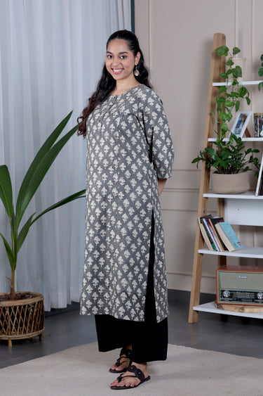 Dull Grey Bagru Lite Cotton Flax Women Long Kurta