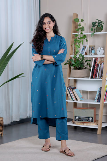 Peacock Blue Dobby South Cotton Women Ankle Pant