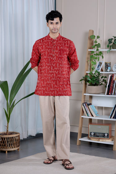 Rust Ajrakh Cotton Men Short Kurta