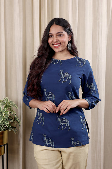 Indigo Dhabu Cotton Women Kurti Long Sleeves WKILS252C85