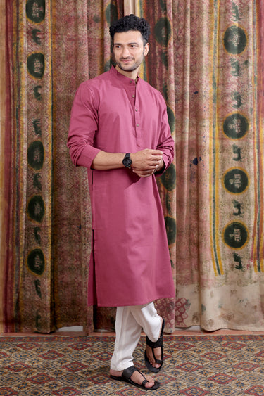 Wine Hand Dyed Cotton Linen Men Long Kurta Full Sleeves MLKFS253C47