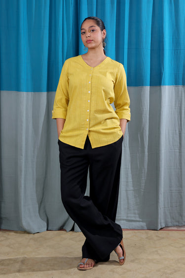 Mustard Yellow Dobby Stripes Natural Cotton Linen Women Kurti