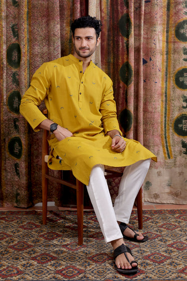 Ochre Dobby Buti South Cotton Men Long Kurta Full Sleeves MLKFS252C59