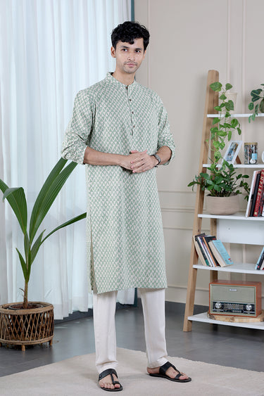 Green Sanganeri Classic Cotton Linen Men Long Kurta