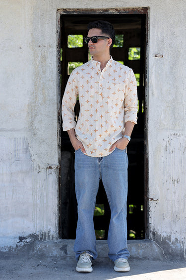 Orange Sanganeri Natural Cotton Linen Men Short Kurta Full Sleeves MSKFS12254