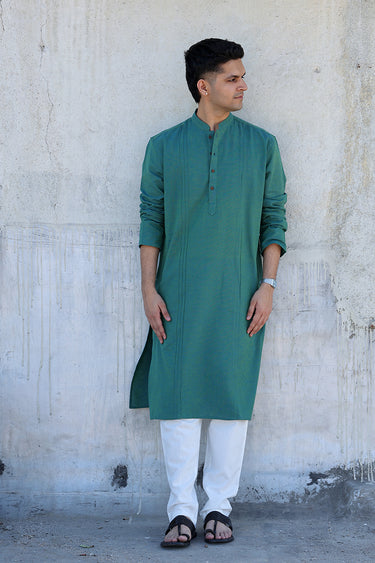 Aqua Blue Yarn Dyed Fine Cotton Flax Men Long Kurta Full Sleeves MLKFS12257