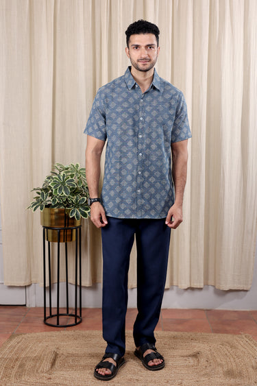 Dark Blue Sanganeri Amber Cotton Men Shirt Half Sleeves MSHHS252C13