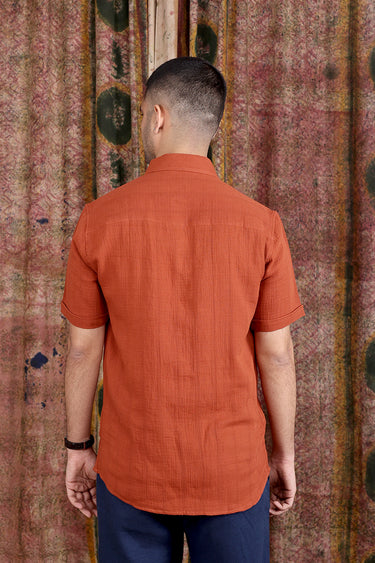Rust Hand Dyed Cotton Double Cloth Men Shirt Half Sleeves MSHHS251C23