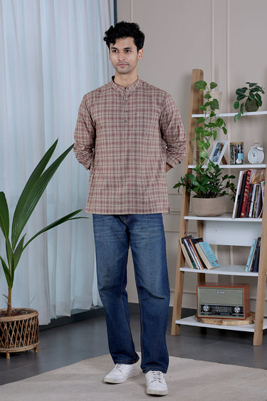 Pastel Brown Checks South Cotton Men Short Kurta