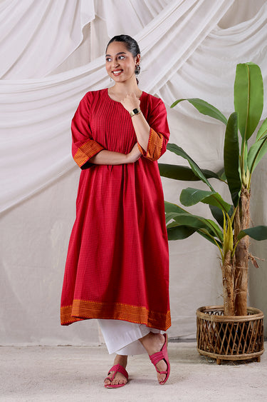 Deep Red Temple Border South Cotton Women Long Kurta