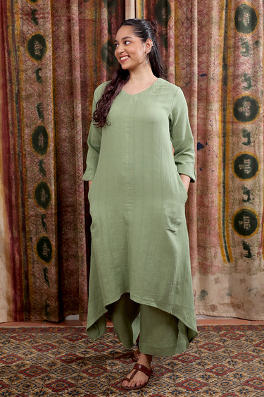 Fern Green Hand Dyed Cotton Double Cloth Women Flared Pant WFLPT252C60