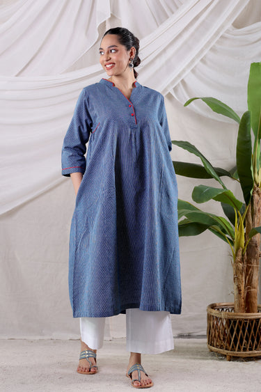 Indigo Blue Stripes South Cotton Flax Women Long Kurta