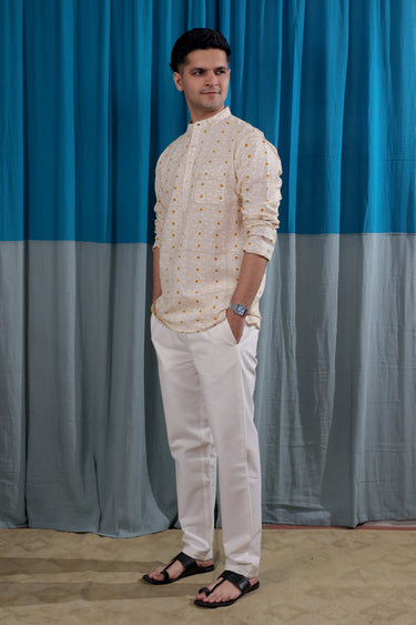 Mustard Sanganeri Natural Cotton Linen Men Short Kurta Full Sleeves MSKFS01264