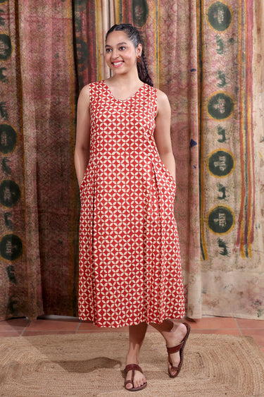 Red Bagru Cotton Malmal Women Midi Dress Sleeveless WDRSL253C25