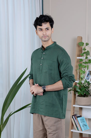 Bottle Green Dyed Lyocell Linen Men Short Kurta