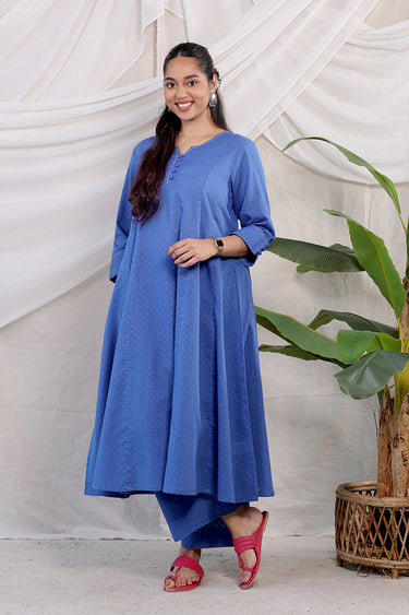 Blue Dyed Cotton Dobby Women Long Kurta