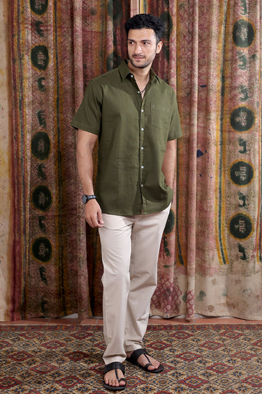 Military Green Hand Dyed Cotton Linen Men Shirt Half Sleeves MSHHS252C31
