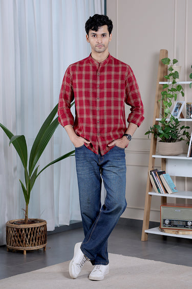 Dark Maroon Checks South Cotton Men Shirt