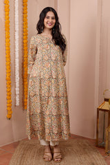 Beige Kalamkari Cotton Women Long Kurta 
