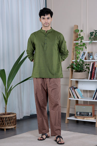 Forest Green Dyed Classic Cotton Linen Men Short Kurta
