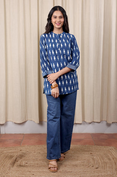 Indigo Dhabu Cotton Slub Women Kurti Long Sleeves WKILS252C18