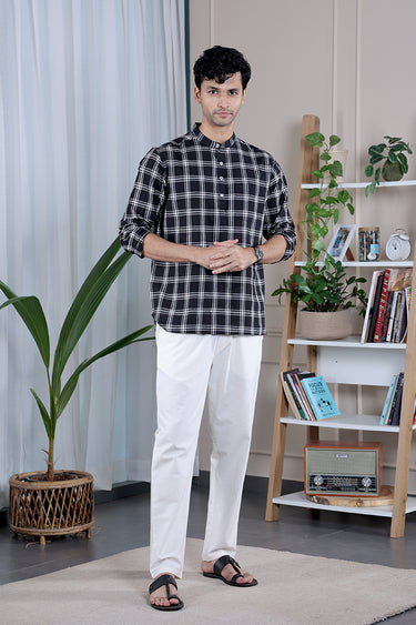 Black Checks South Cotton Men Short Kurta