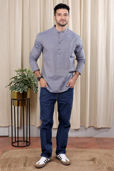 Blue Sanganeri Amber Cotton Men Short Kurta Full Sleeves MSKFS252C13