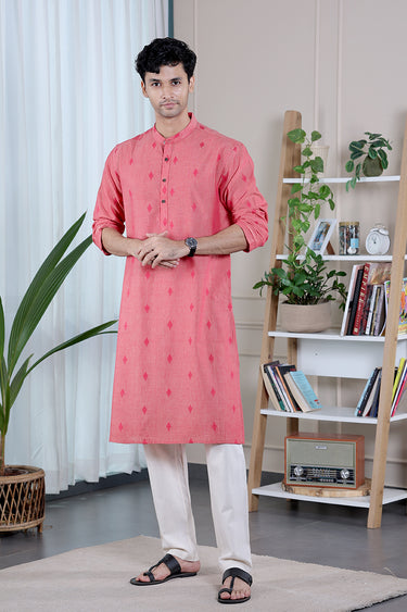 Light Coral Dobby South Cotton Men Long Kurta