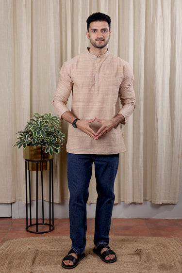 Light Brown Stripes South Cotton Men Short Kurta Full Sleeves MSKFS252C39