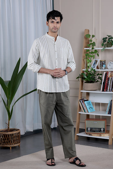 Sage Green Stripes Natural Cotton Linen Men Shirt