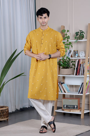 Mustard Yellow Dobby South Cotton Men Long Kurta