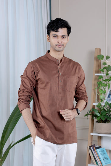Dark Brown Dyed Cotton Misdent Men Short Kurta
