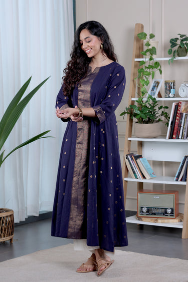 Indigo Blue Zari Dobby South Cotton Women Ankle Kurta