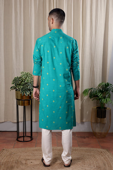 Turquoise Dobby South Cotton Men Long Kurta Full Sleeves MLKFS252C10