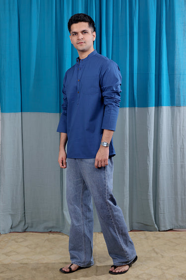 Navy Blue Dyed Cotton Misdent Men Short Kurta Full Sleeves MSKFS012620