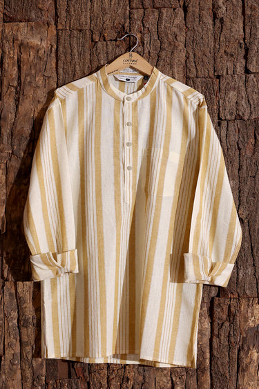 Mustard Stripes Cotton Linen Men Short Kurta Full Sleeves MSKFS253C10