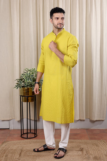 Burnt Yellow Checks South Cotton Men Long Kurta Full Sleeves MLKFS252C23
