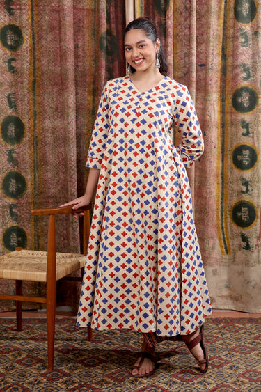 Rust Blue Bagru Fine Cotton Women Ankle Kurta Long Sleeves WAKLS252C49