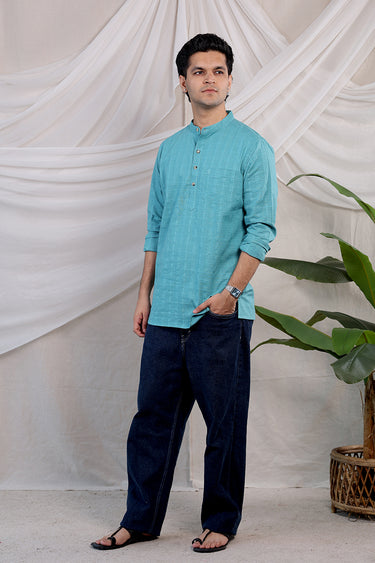 Teal Blue Dobby Checks Natural Cotton Linen Men Short Kurta