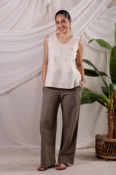 The Wayfinder Pastel Brown Sanganeri Natural Cotton Linen Women Short Top