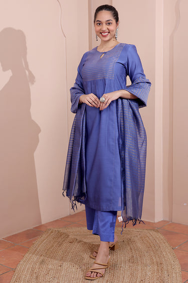 Midnight Blue Zari Stripes Chanderi Silk Dupatta DUPAT252C18