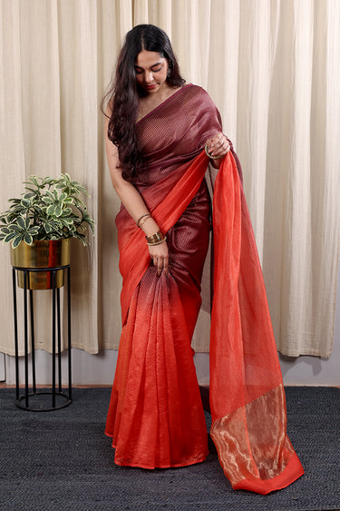 Red Purple Ombre Chanderi Zari Stripes Saree SAREE252C136
