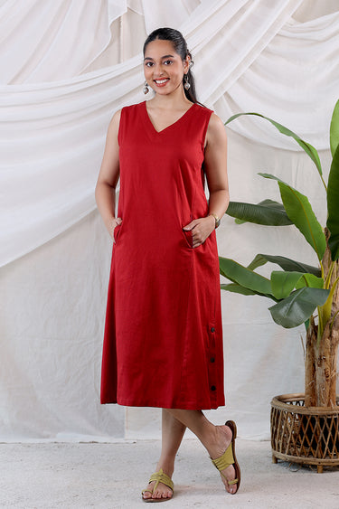 Rust Dyed Cotton Flax Women Midi Dress