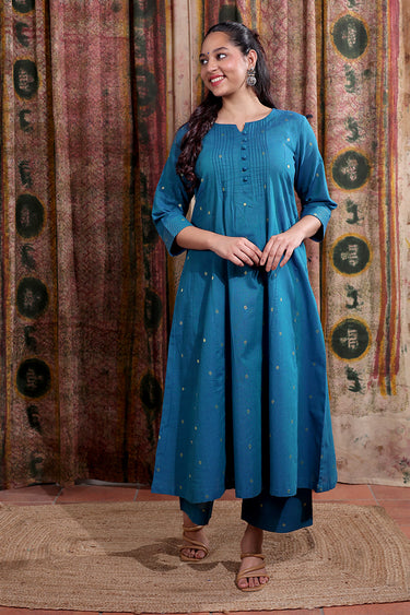Dark Teal Zari Buti South Cotton Women Flared Pant