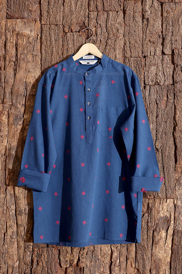 Midnight Blue Dobby Buti South Cotton Men Short Kurta Full Sleeves MSKFS253C7