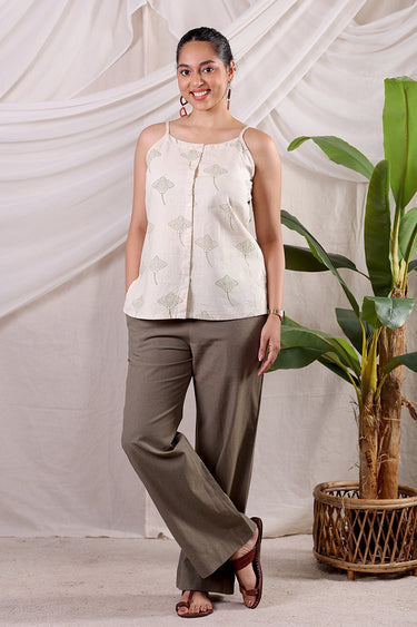 Ray of Hope Army Green Sanganeri Natural Cotton Linen Women Short Top