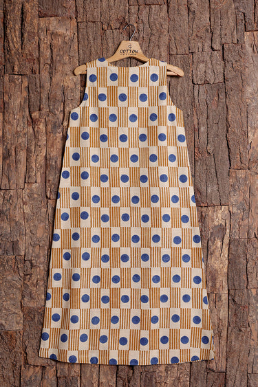 Blue Brown Bagru Cotton Slub Women Midi Dress
