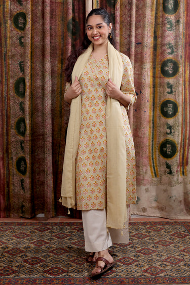 Beige Sanganeri Cotton Women Long Kurta Long Sleeves WLKLS253C52