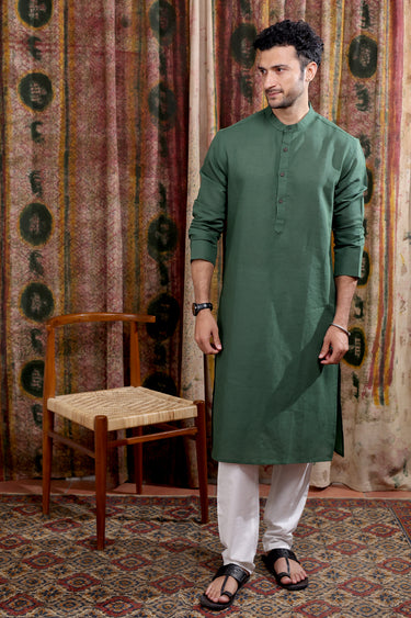 Forest Green Hand Dyed Cotton Linen Men Long Kurta Full Sleeves MLKFS252C69